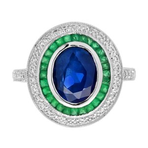 Blue Sapphire Emerald Diamond Art Deco Style Engagement Ring