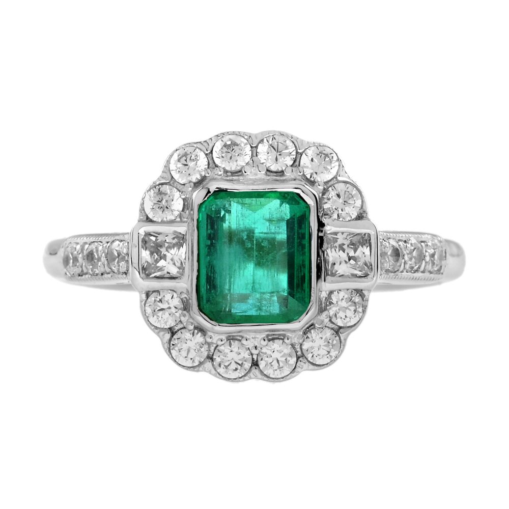 0.60 Ct. Emerald and Diamond Halo Antique Style Engagement Ring