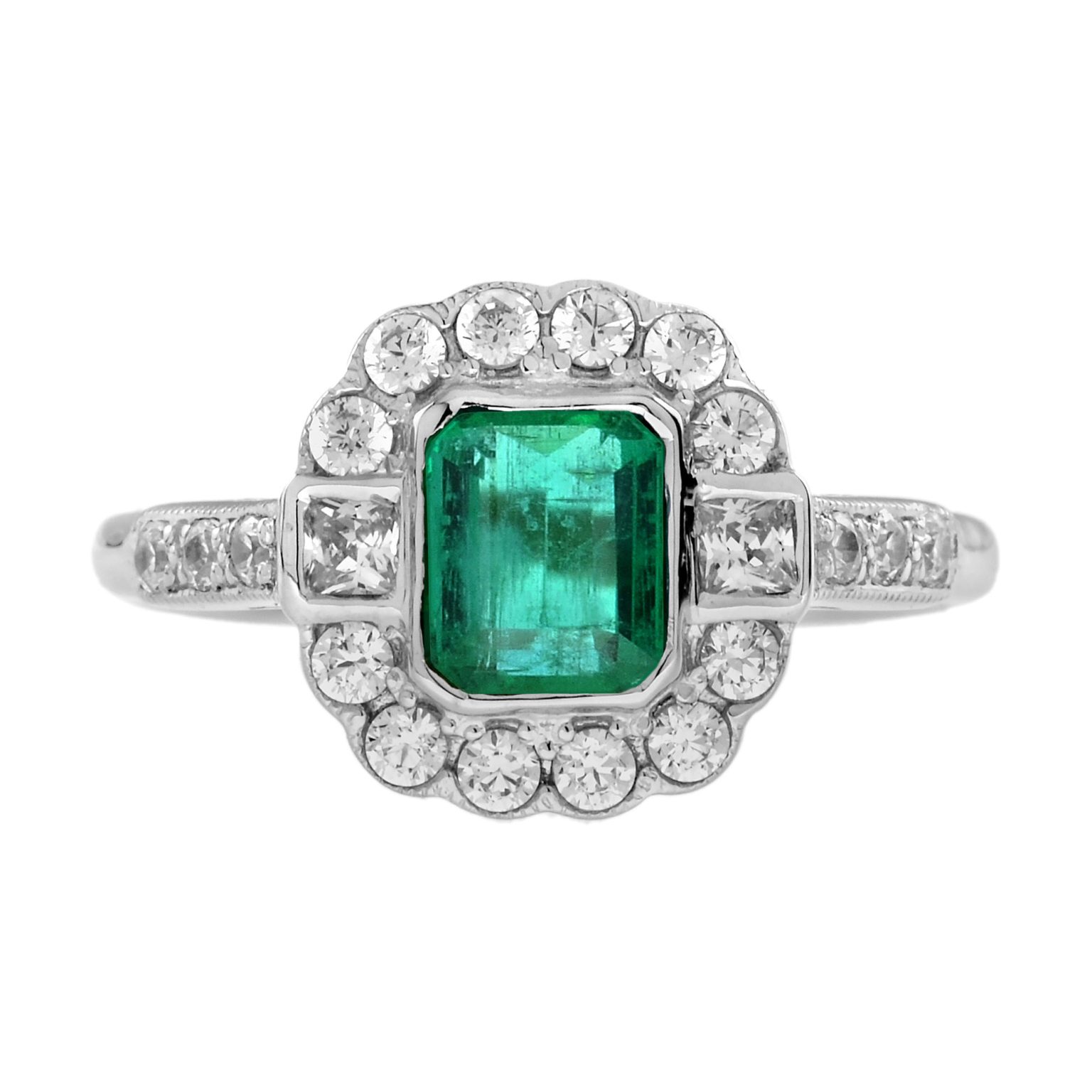 0.60 Ct. Emerald and Diamond Halo Antique Style Engagement Ring