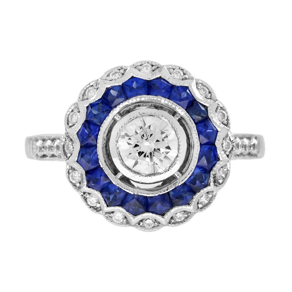 0.5 Ct Diamond and Blue Sapphire Art Deco Style Engagement Ring