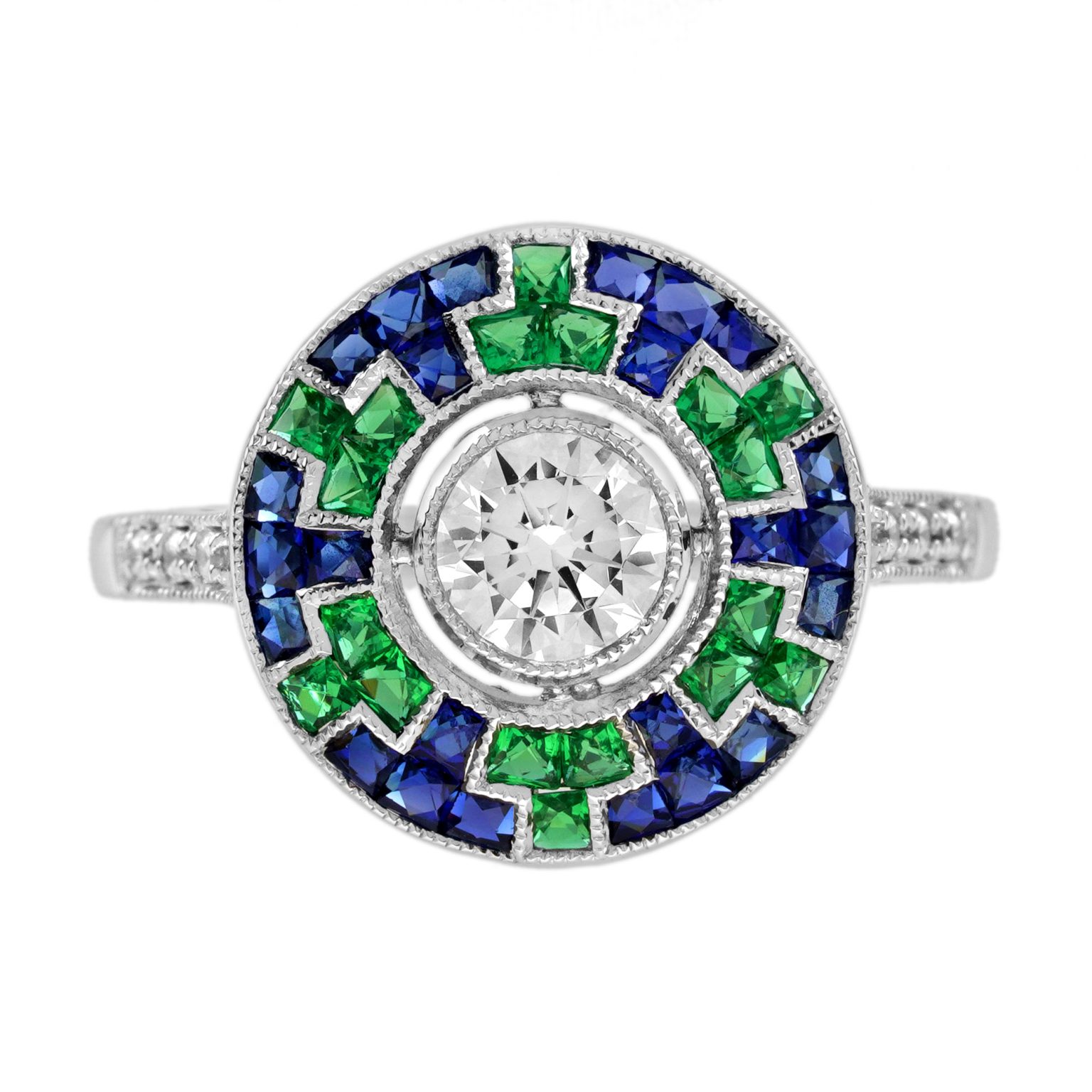 0.50 Ct. Diamond Blue Sapphire Emerald Art Deco Style Target Ring