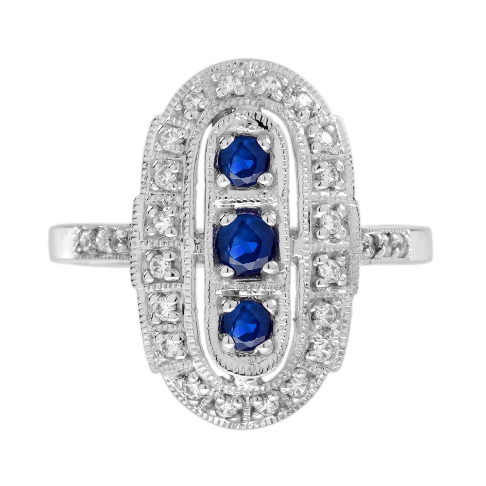 Blue Sapphire and Diamond Art Deco Style Three Stone Ring