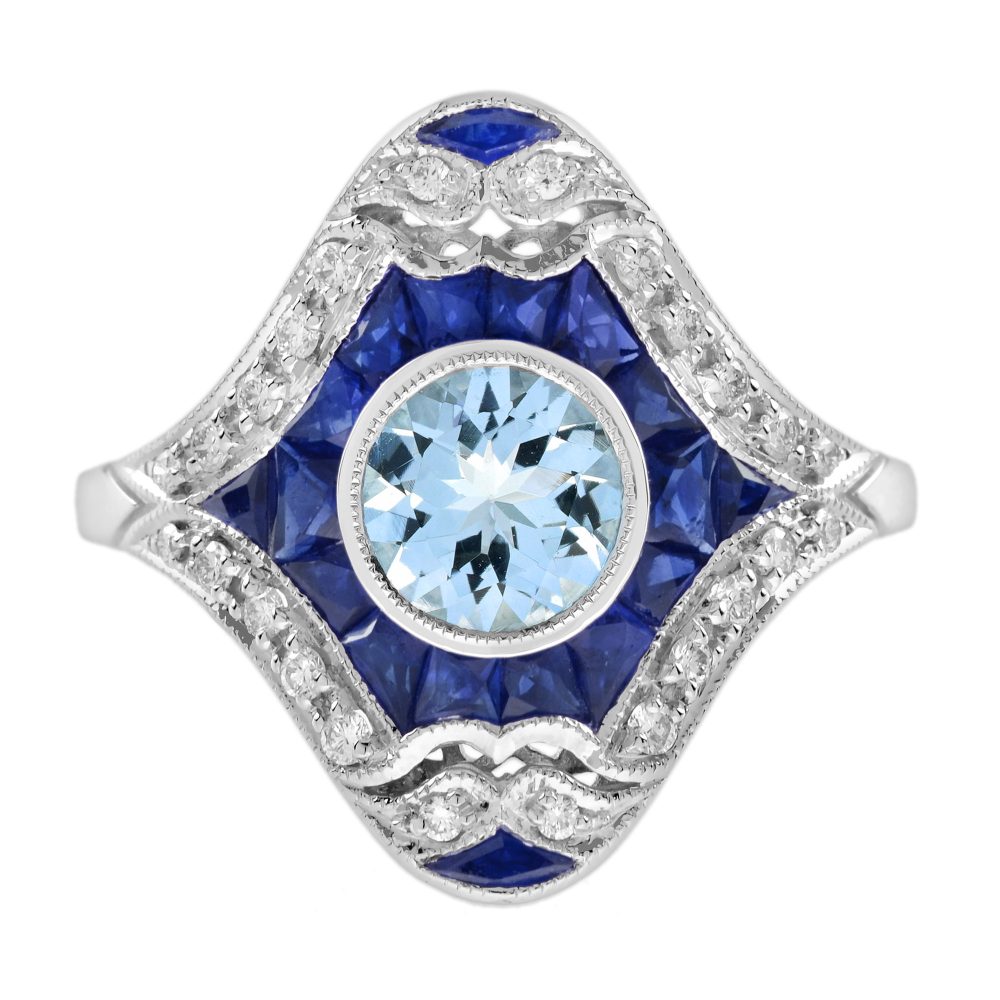 Aquamarine Blue Sapphire Diamond Art Deco Style Dinner Ring