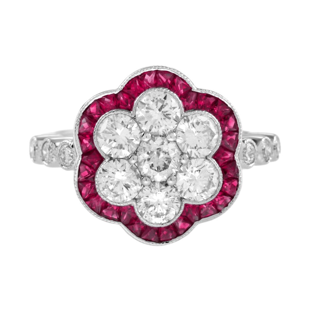 Diamond Cluster and Ruby Art Deco Style Ring