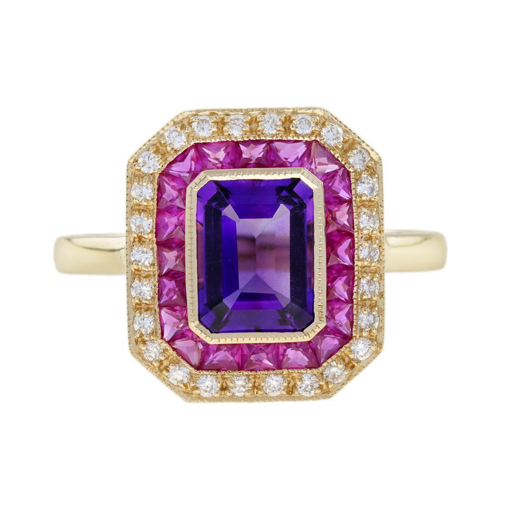Amethyst Ruby Diamond Art Deco Style Ring