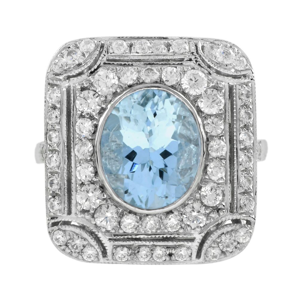 Aquamarine and Diamond Art Deco Style Cocktail Ring