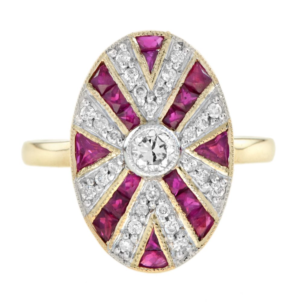Diamond and Ruby Oval Shaped Art Deco Style Cocktail Ring