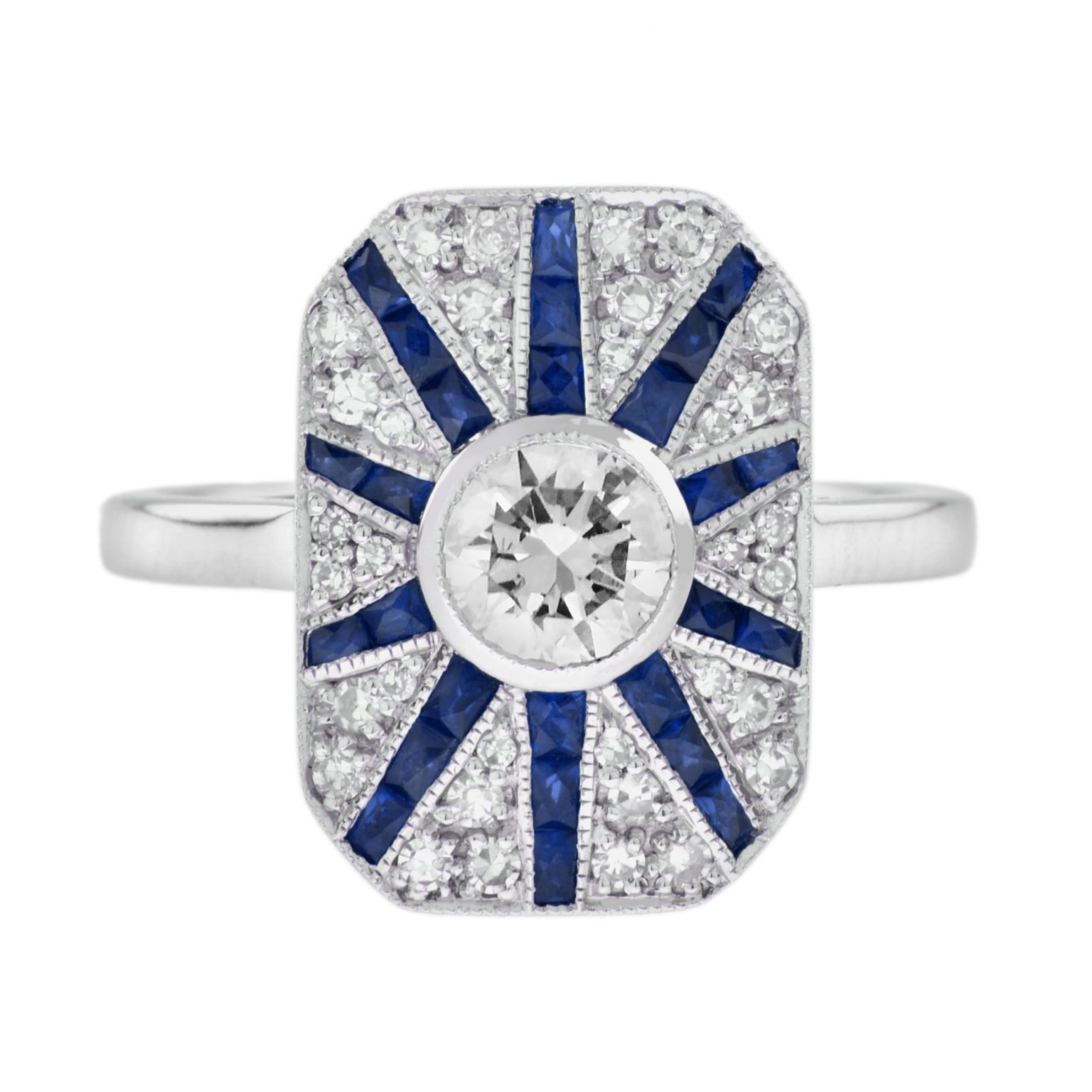 Diamond and Blue Sapphire Art Deco Style Halo Ring