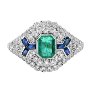 Emerald Sapphire Diamond Art Deco Style Engagement Ring