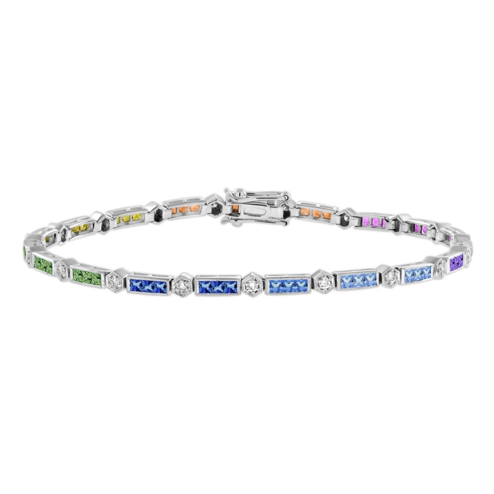Rainbow Sapphire and Diamond Link Bracelet