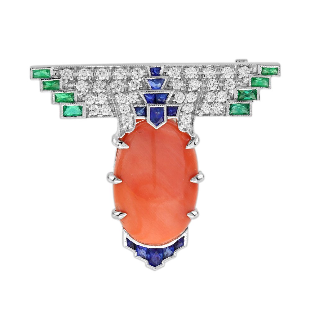 13.91 Ct. Coral Sapphire Emerald Diamond Art Deco Style Brooch