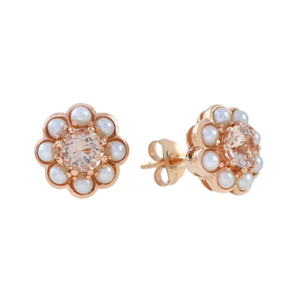 Morganite and Pearl Floral Stud Earrings