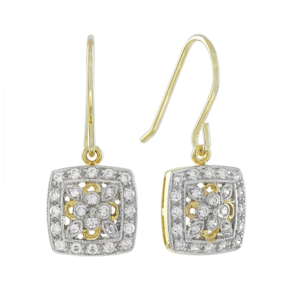 Diamond Vintage Style Floral Cluster Square Drop Earrings in Two Tone Gold