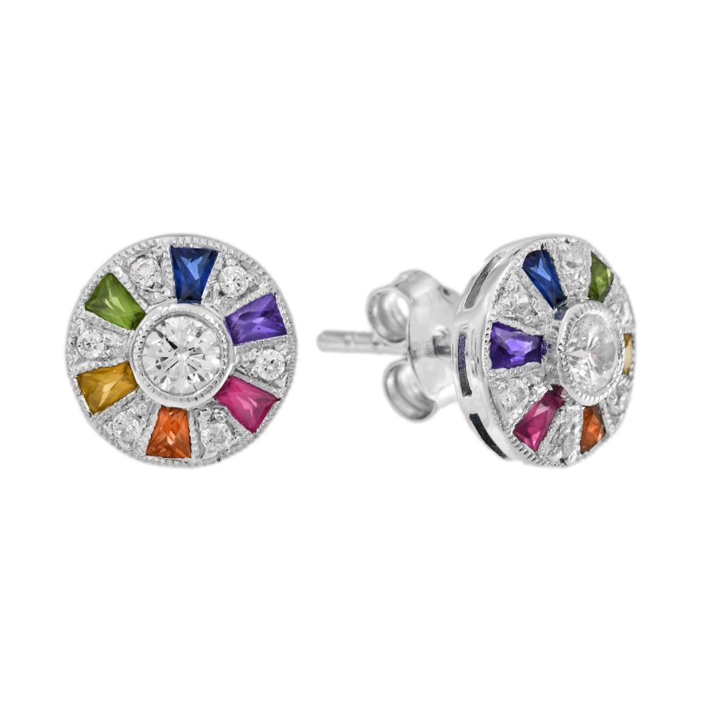 Ferris Wheel Diamond Rainbow Sapphire Stud Earrings