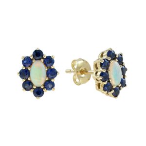 Opal Blue Sapphire Vintage Style Floral Stud Earrings