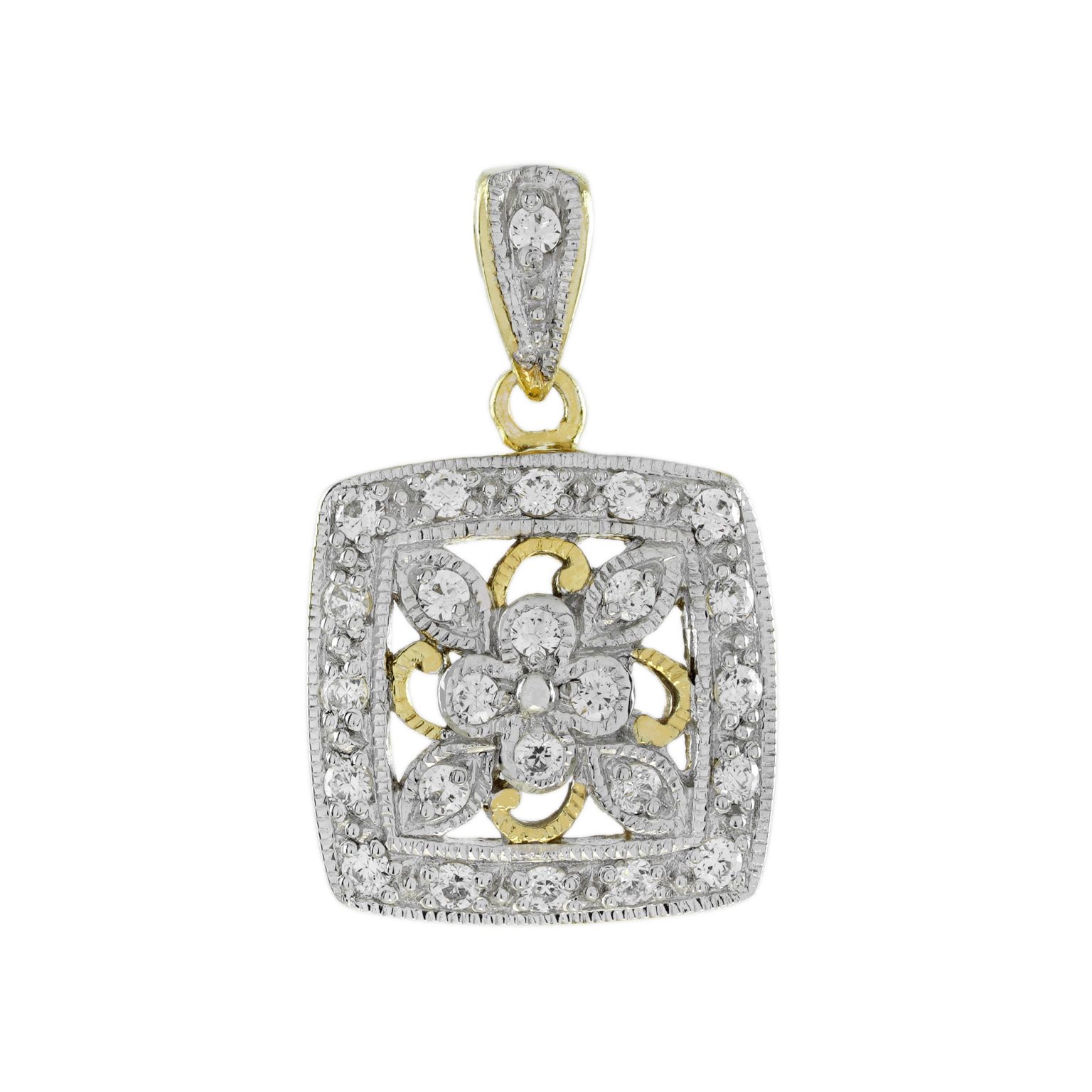 Diamond Vintage Style Floral Cluster Square Pendant in Two Tone Gold