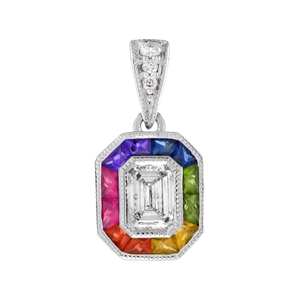 Diamond Rainbow Sapphire Art Deco Style Pendant