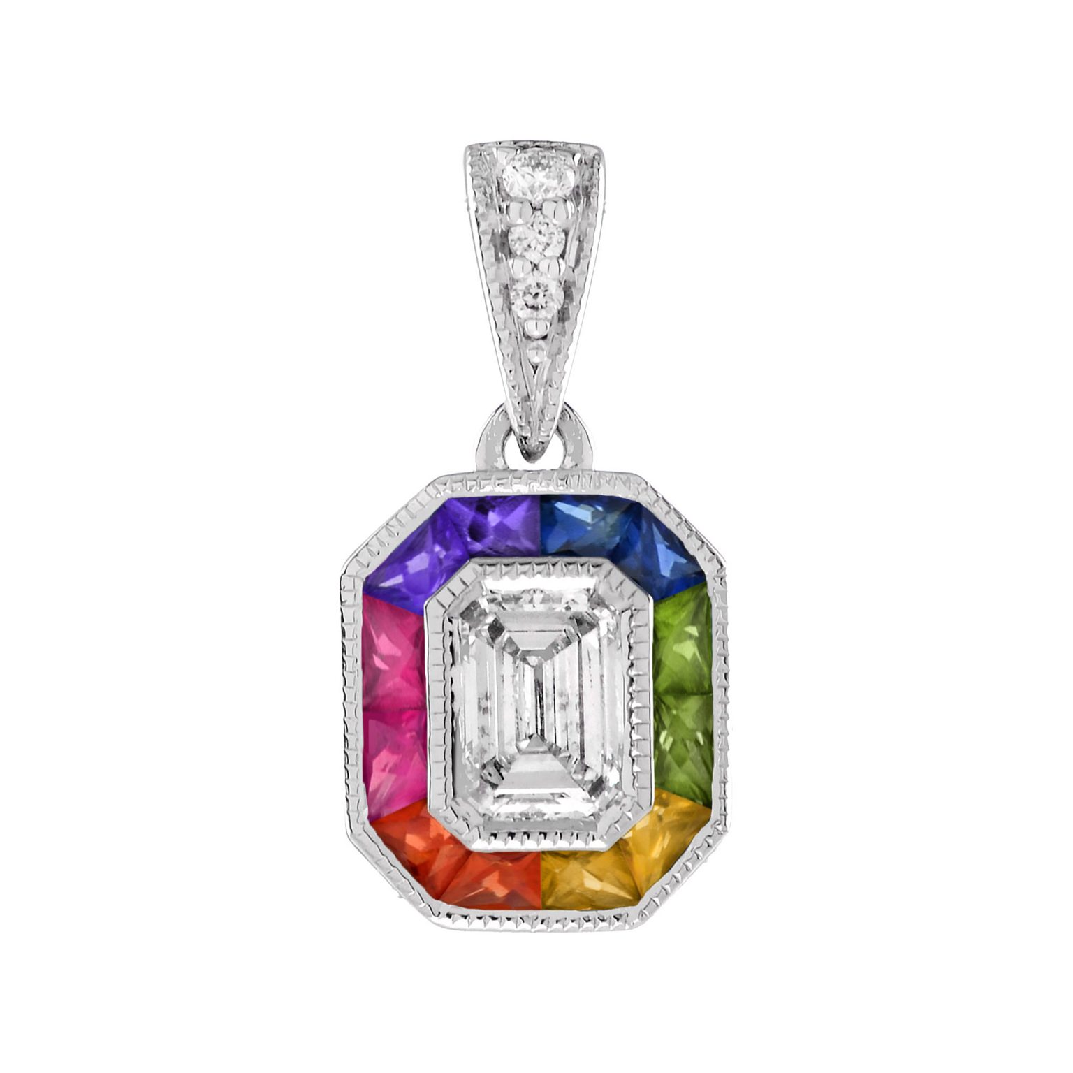Diamond Rainbow Sapphire Art Deco Style Pendant