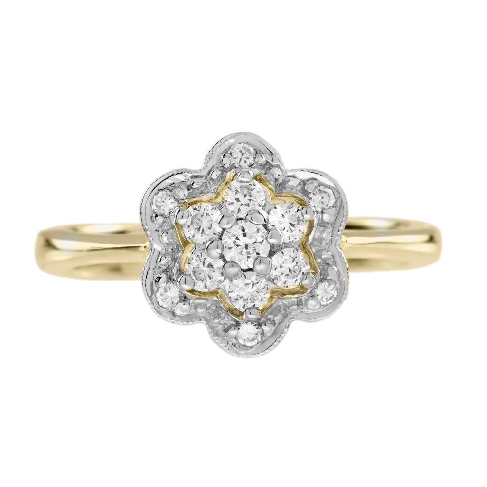Diamond Vintage Style Floral Cluster Engagement Ring in Two Tone Gold