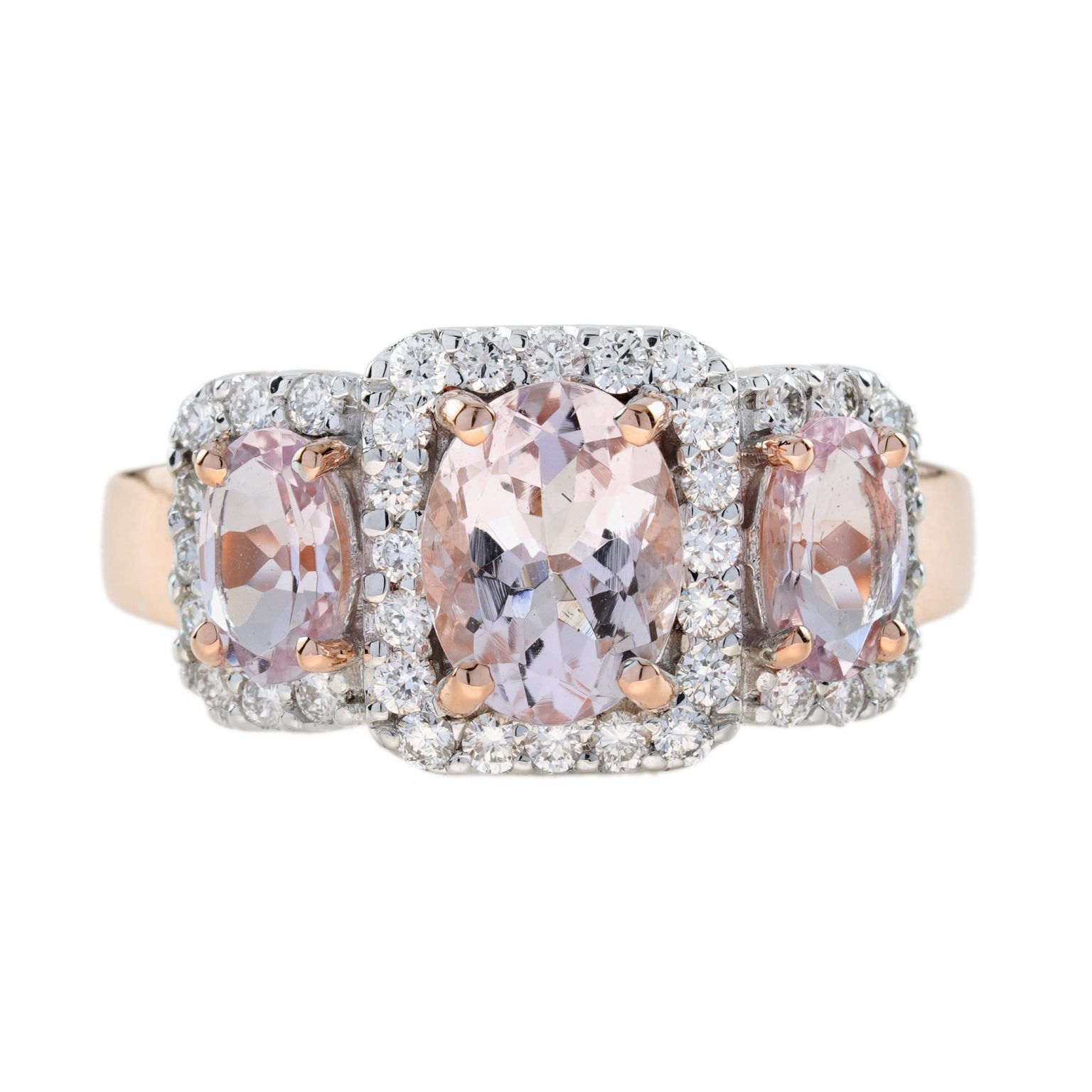Pink Morganite and Diamond Art Deco Style Three Stone Ring