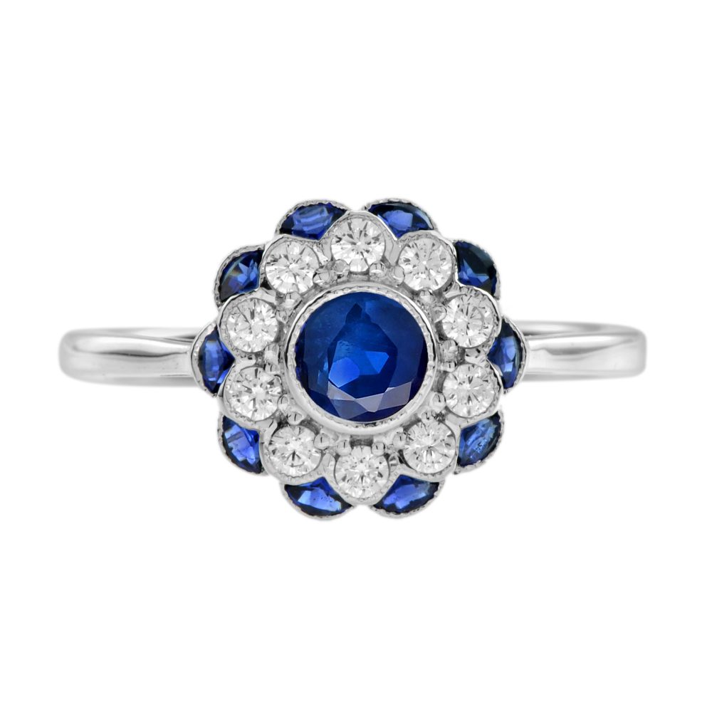 Ceylon Sapphire and Diamond Art Deco Style Floral Ring