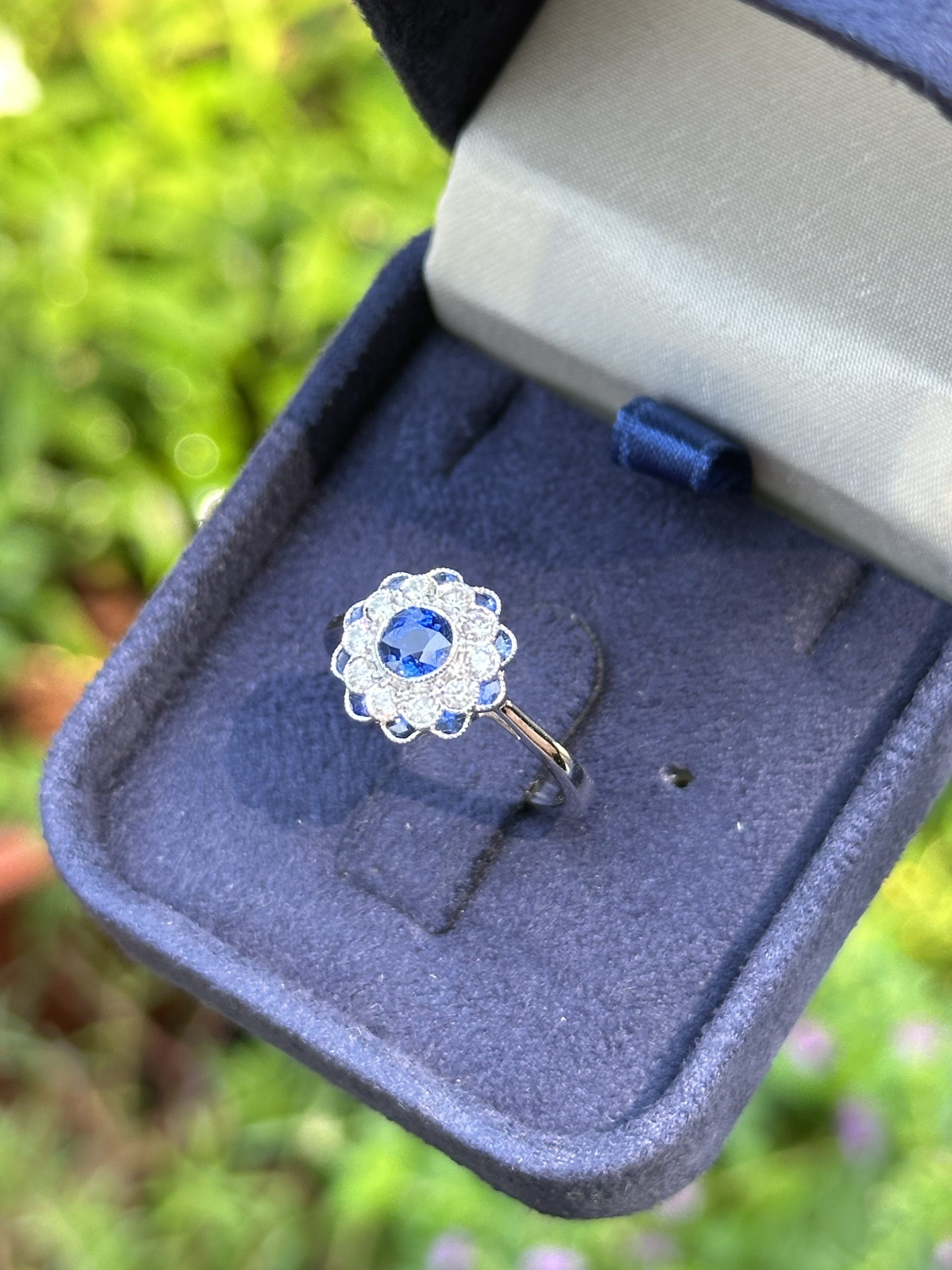 R3883-BK S9-D2 L2312B 01 Ceylon Sapphire and Diamond Art Deco Style Floral Ring