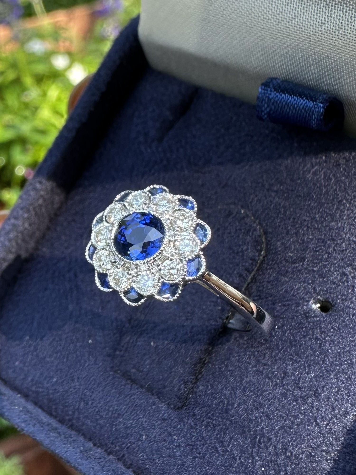 R3883-BK S9-D2 L2312B 02 Ceylon Sapphire and Diamond Art Deco Style Floral Ring