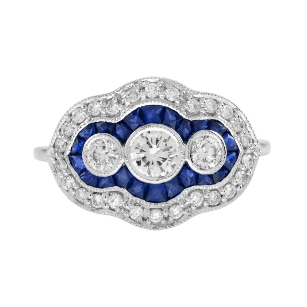 Diamond and Blue Sapphire Art Deco Style Three Stone Ring