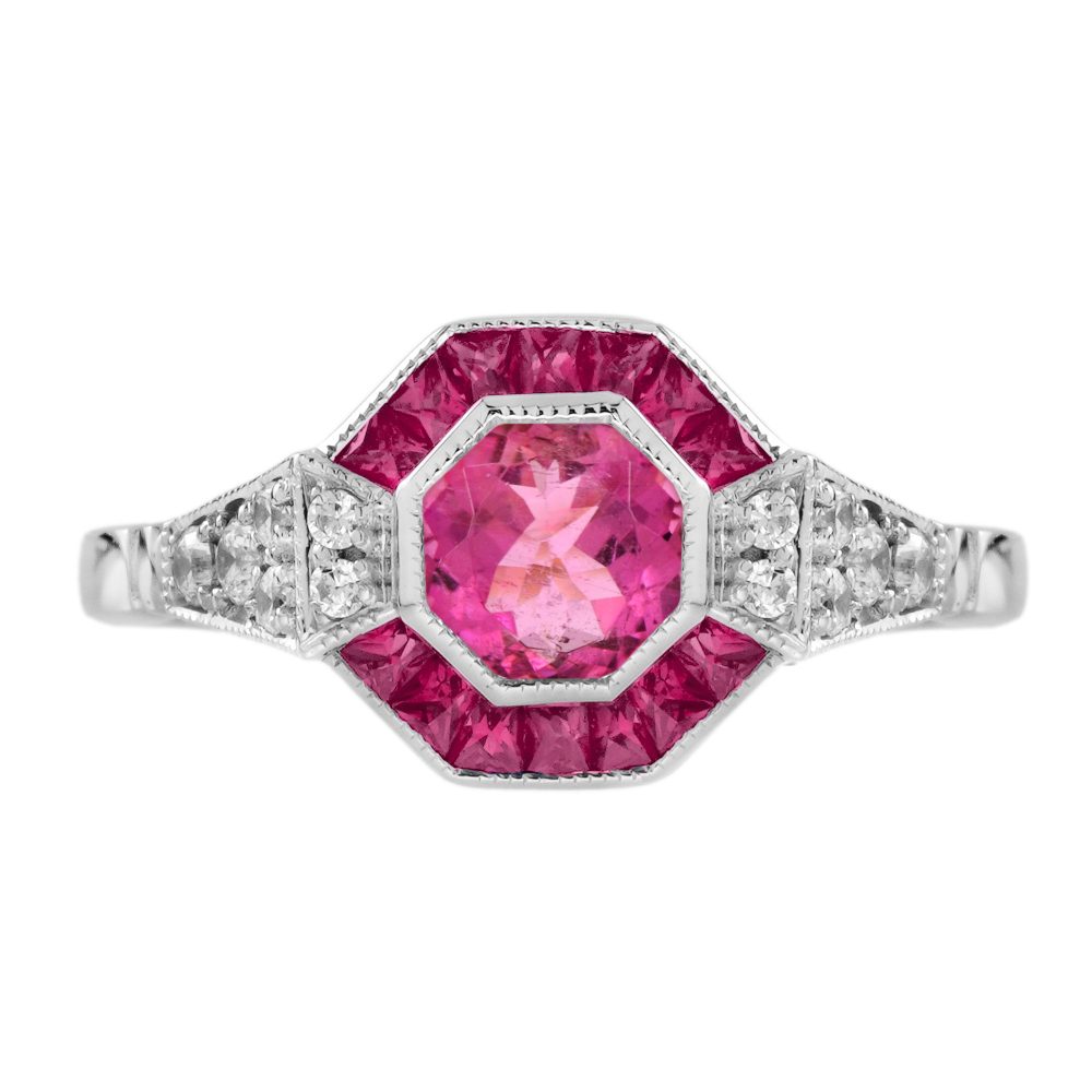 Pink Tourmaline Ruby Diamond Art Deco Style Engagement Ring