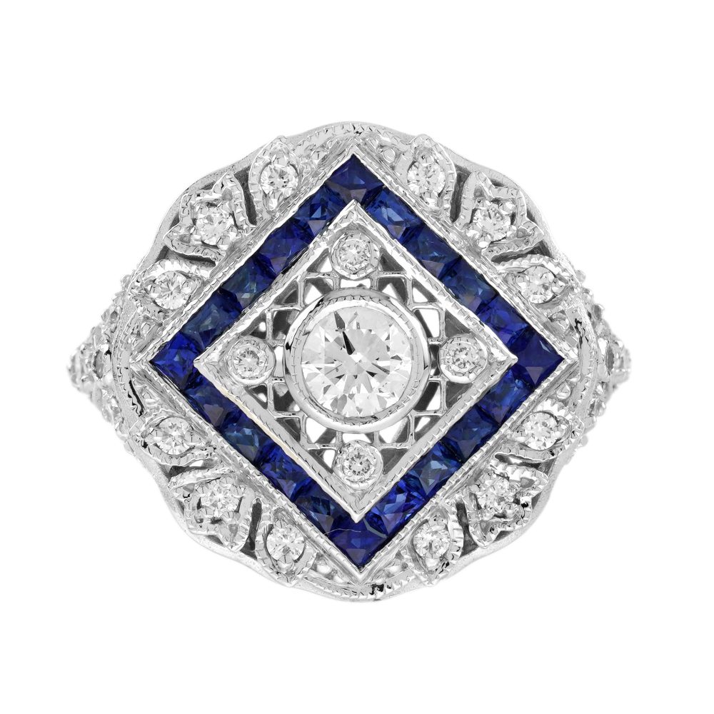 Diamond and Blue Sapphire Art Deco Style Engagement Ring
