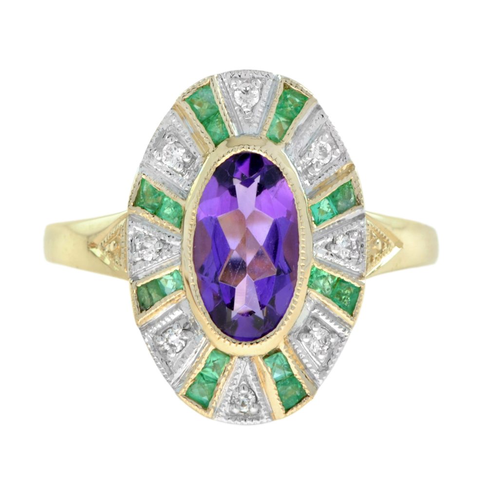Amethyst Emerald Diamond Art Deco Style Cocktail Ring