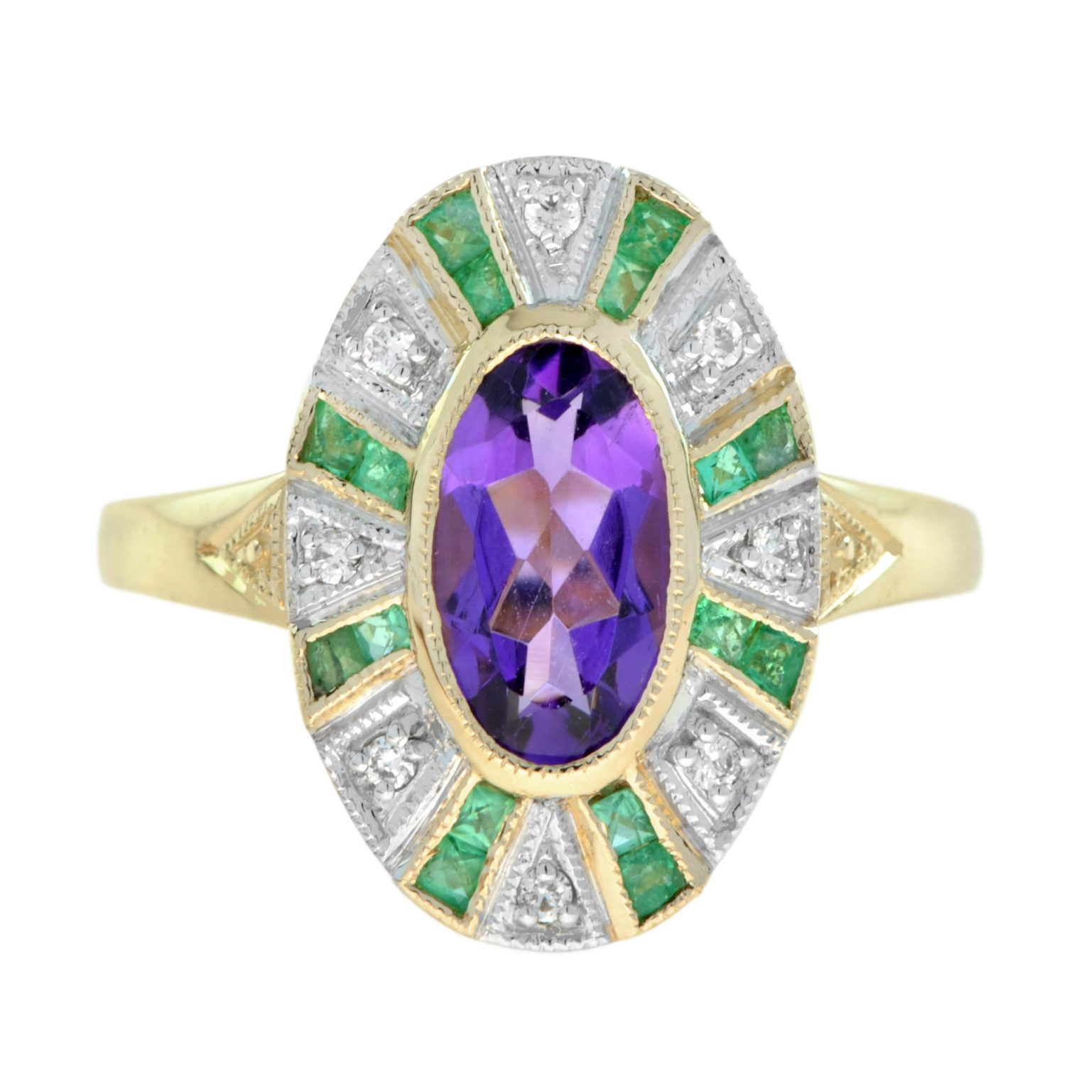 Amethyst Emerald Diamond Art Deco Style Cocktail Ring