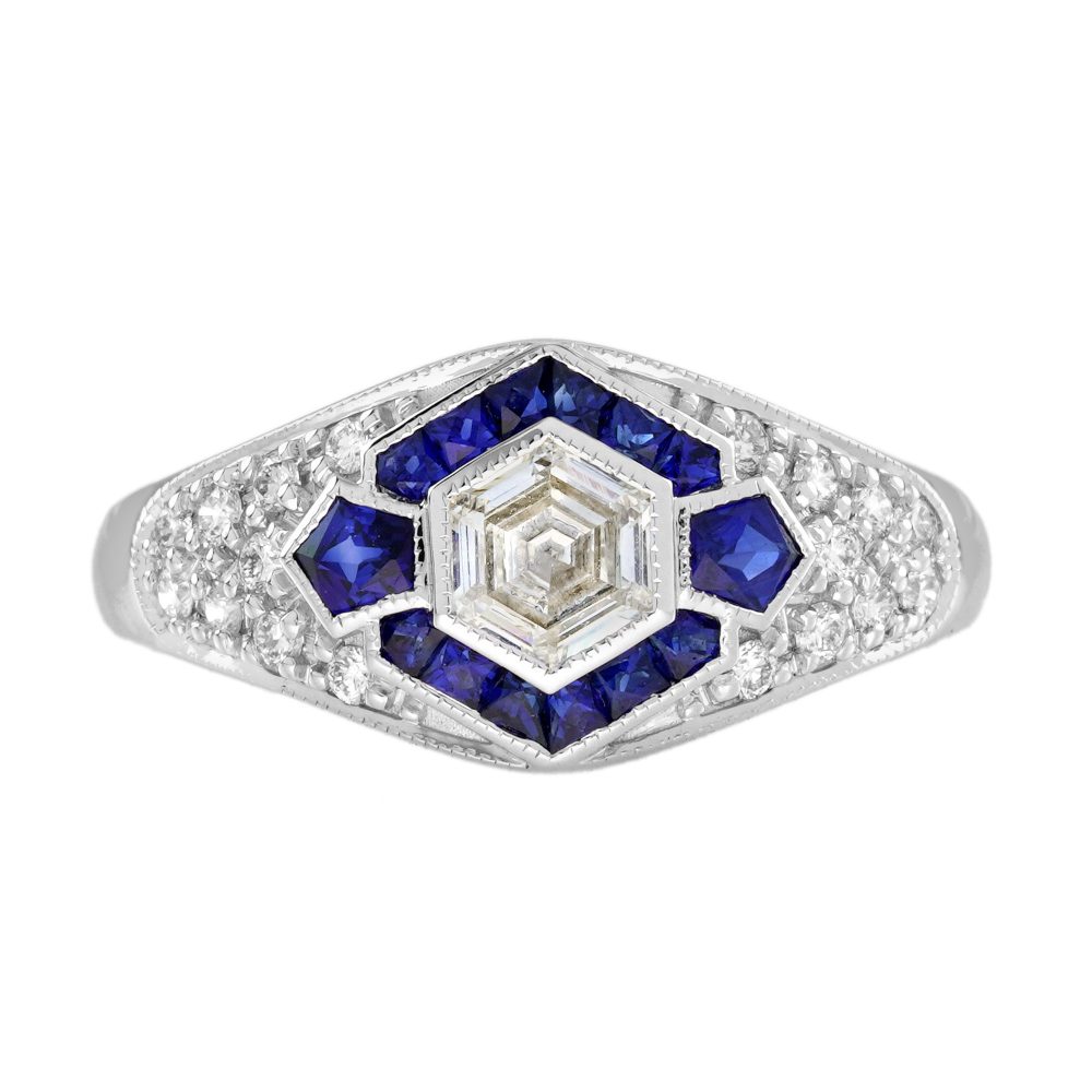 Diamond and Blue Sapphire Art Deco Style Engagement Ring