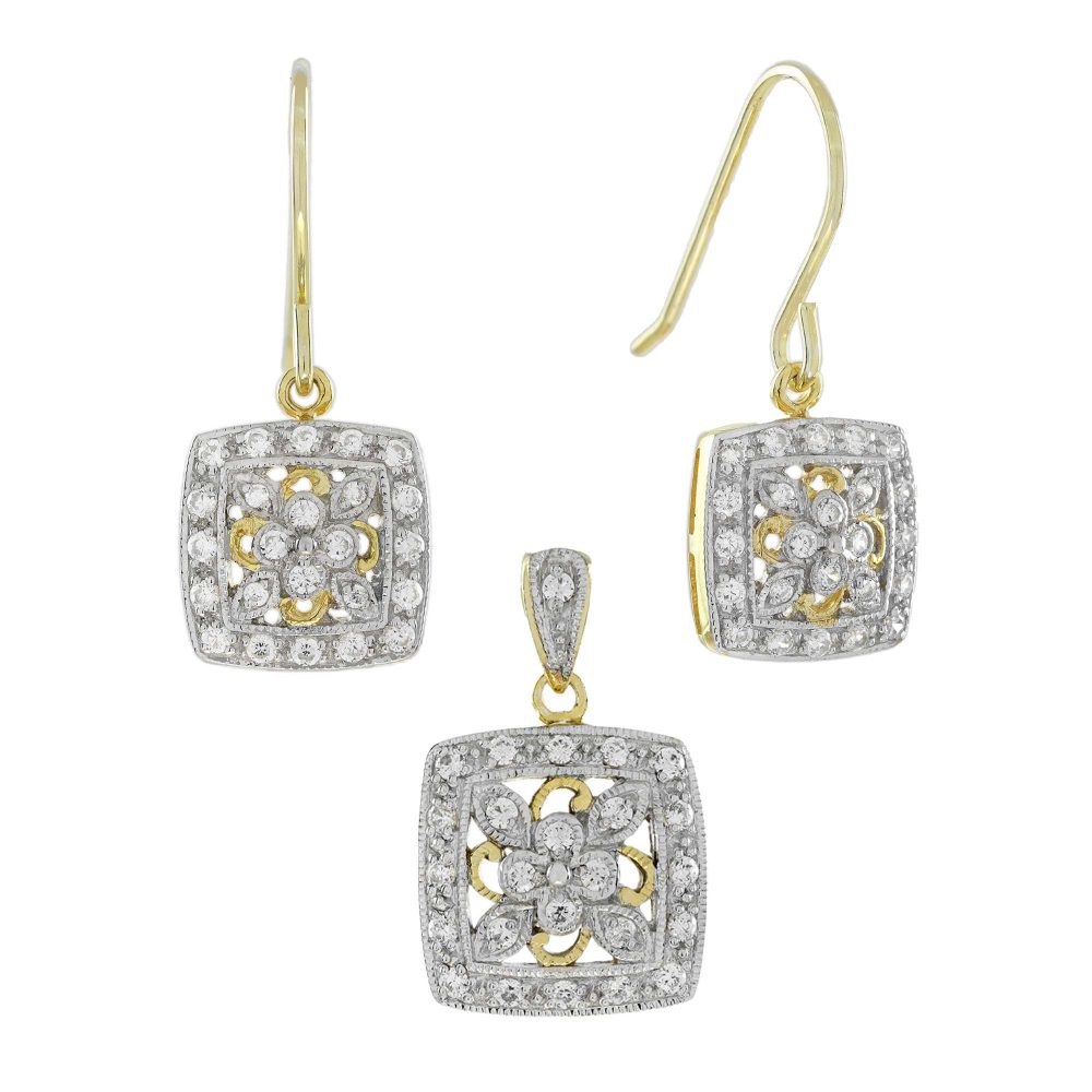 Diamond Vintage Style Floral Cluster Jewelry Set in Two Tone Gold