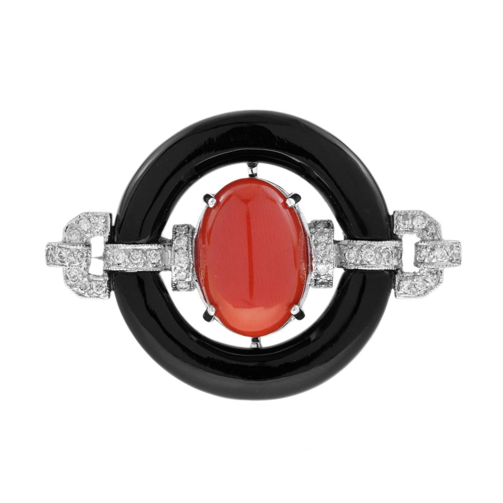 Coral Onyx Diamond Art Deco Style Brooch
