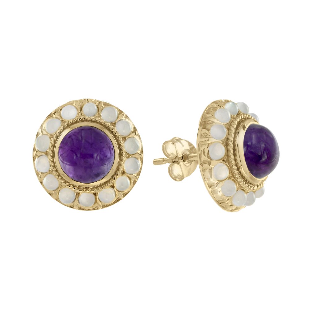 Cabochon Amethyst and Moonstone Halo Stud Earrings