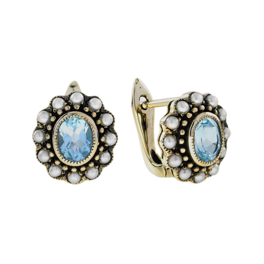 Blue Topaz and Pearl Victorian Style Stud Earrings