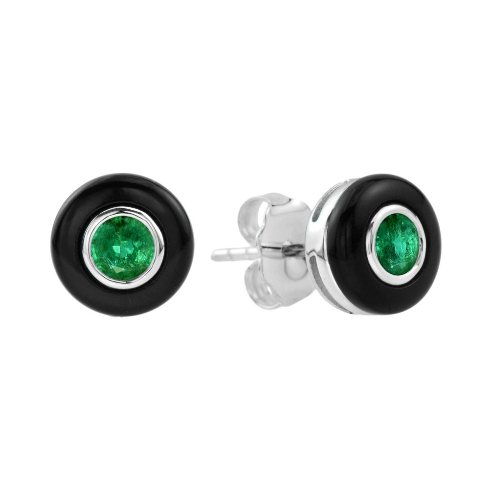 Emerald and Onyx Halo Antique Style Stud Earrings