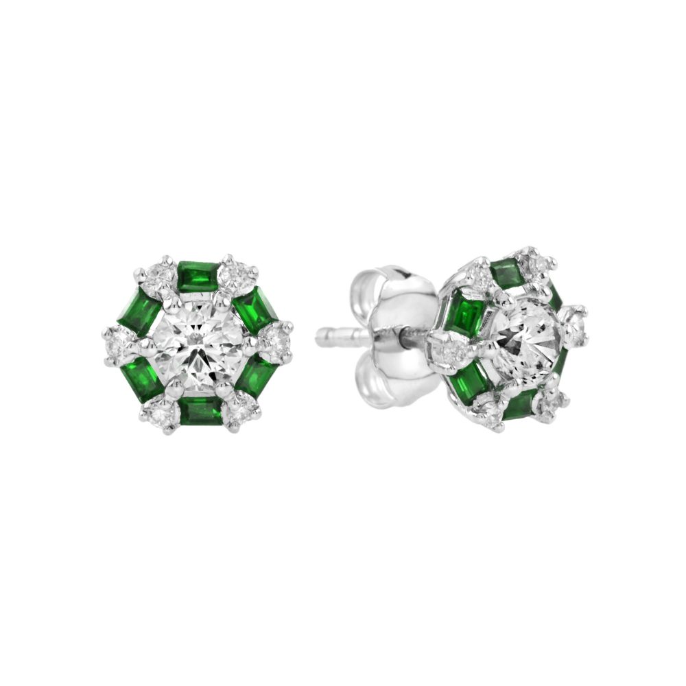 Round Cut Diamond and Emerald Halo Stud Earrings