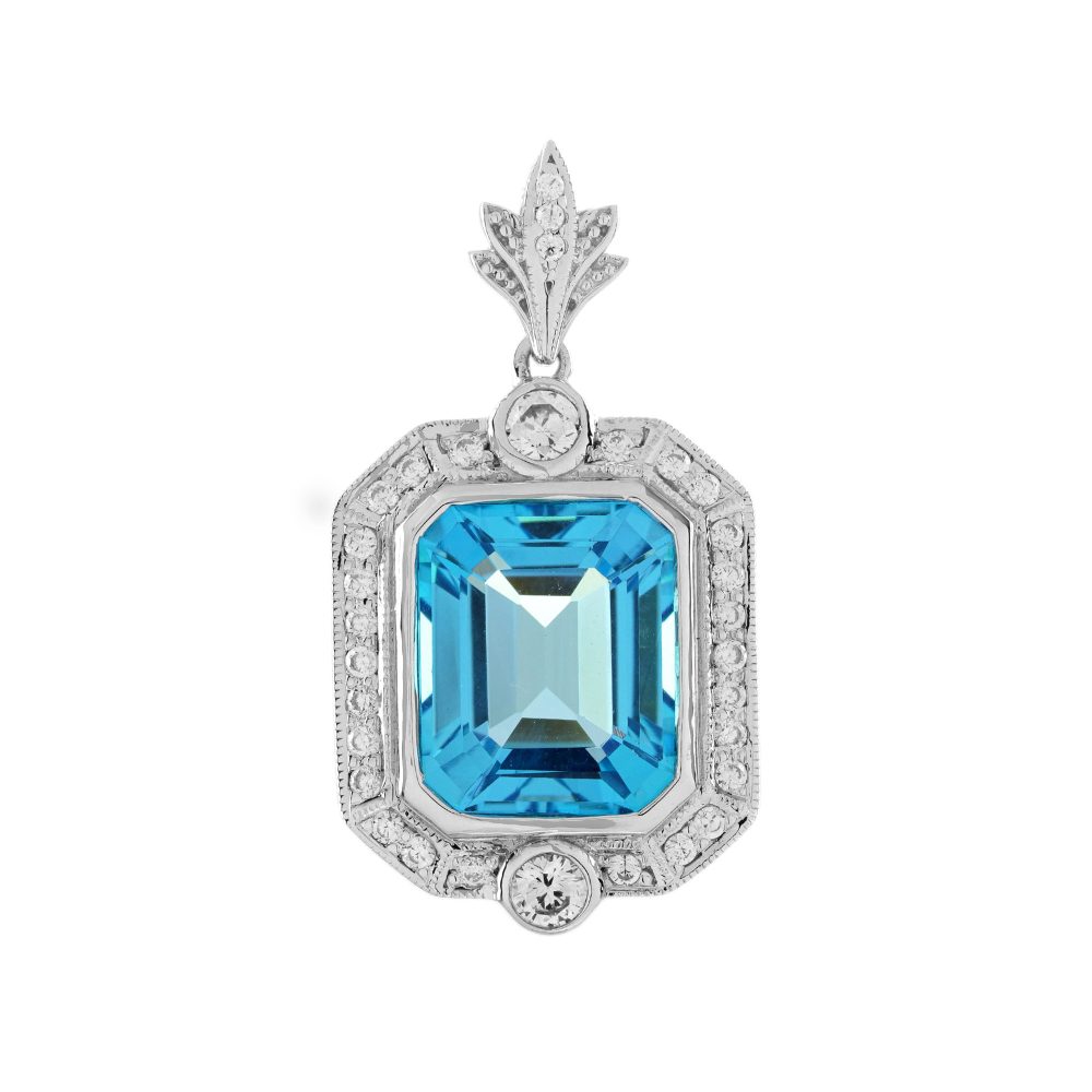 Swiss Blue Topaz and Diamond Halo Art Deco Style Pendant