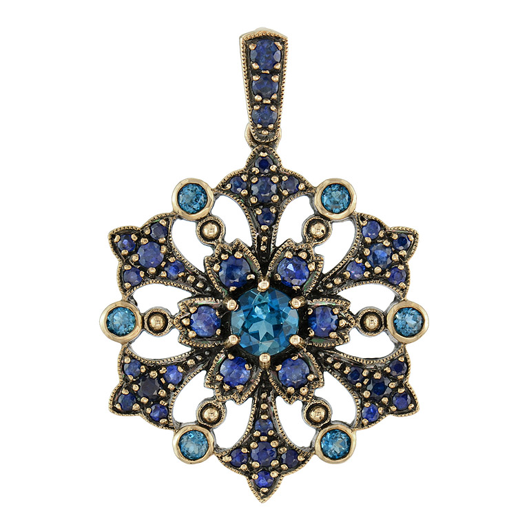 London Blue Topaz Sapphire Vintage Style Floral Pendant