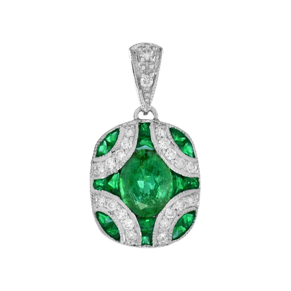 Oval Emerald with Diamond Art Deco Pendant