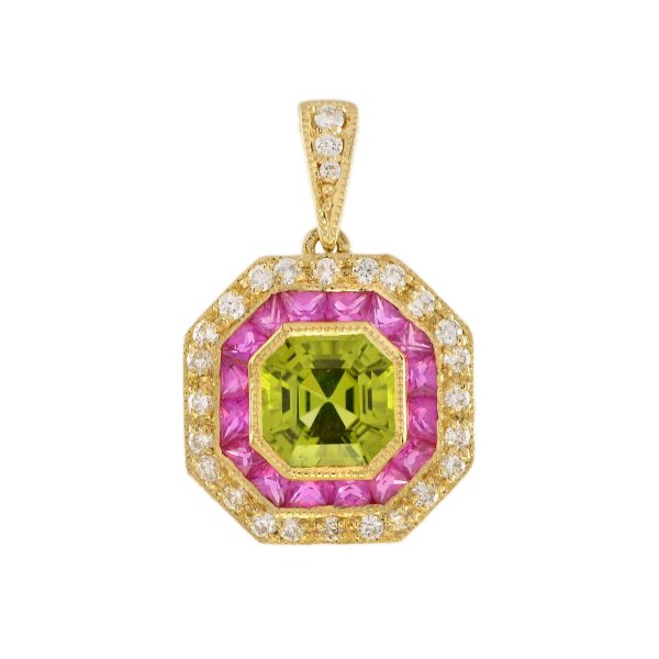 Peridot Ruby Diamond Art Deco Style Target Pendant - Image 8