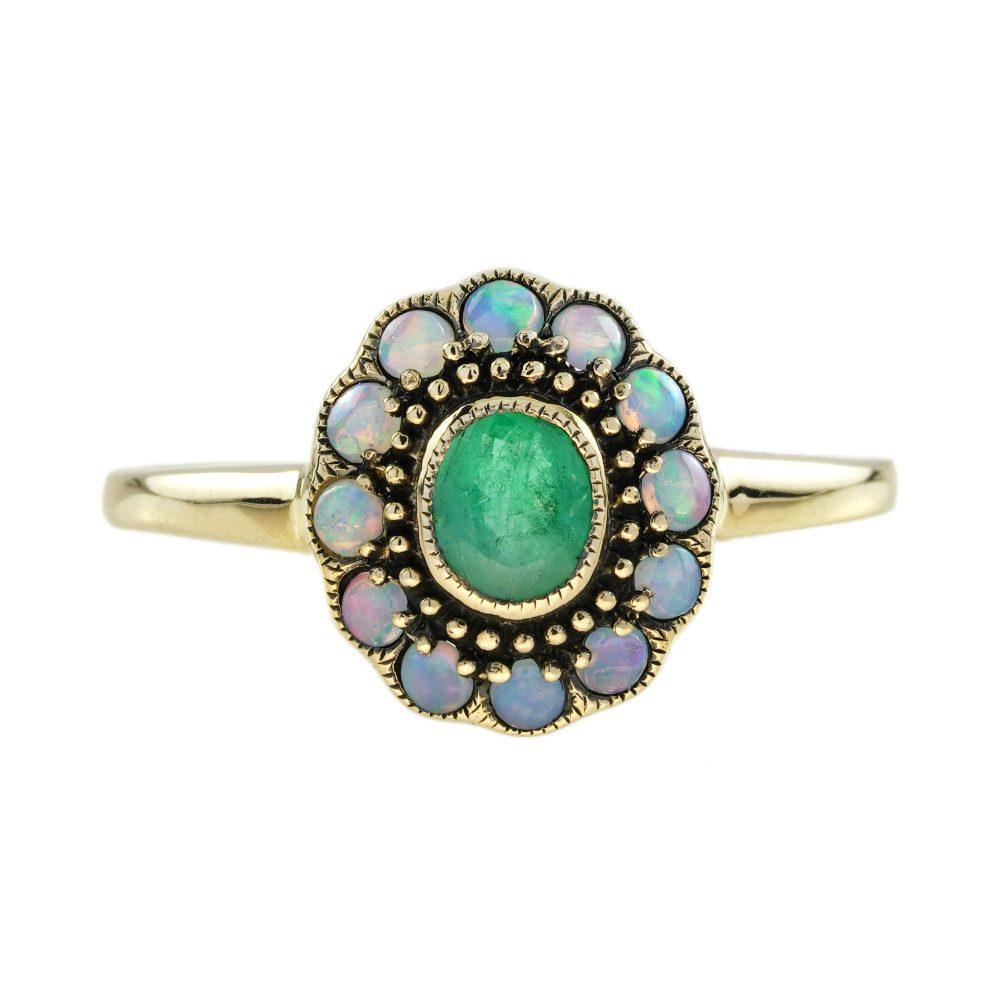 Emerald and Opal Vintage Style Floral Halo Ring
