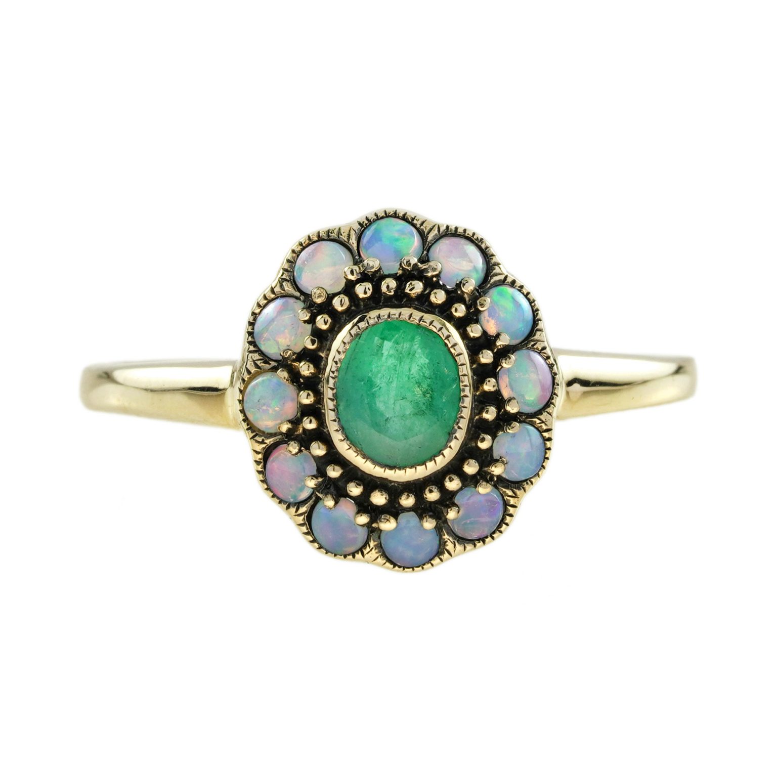 Emerald and Opal Vintage Style Floral Halo Ring