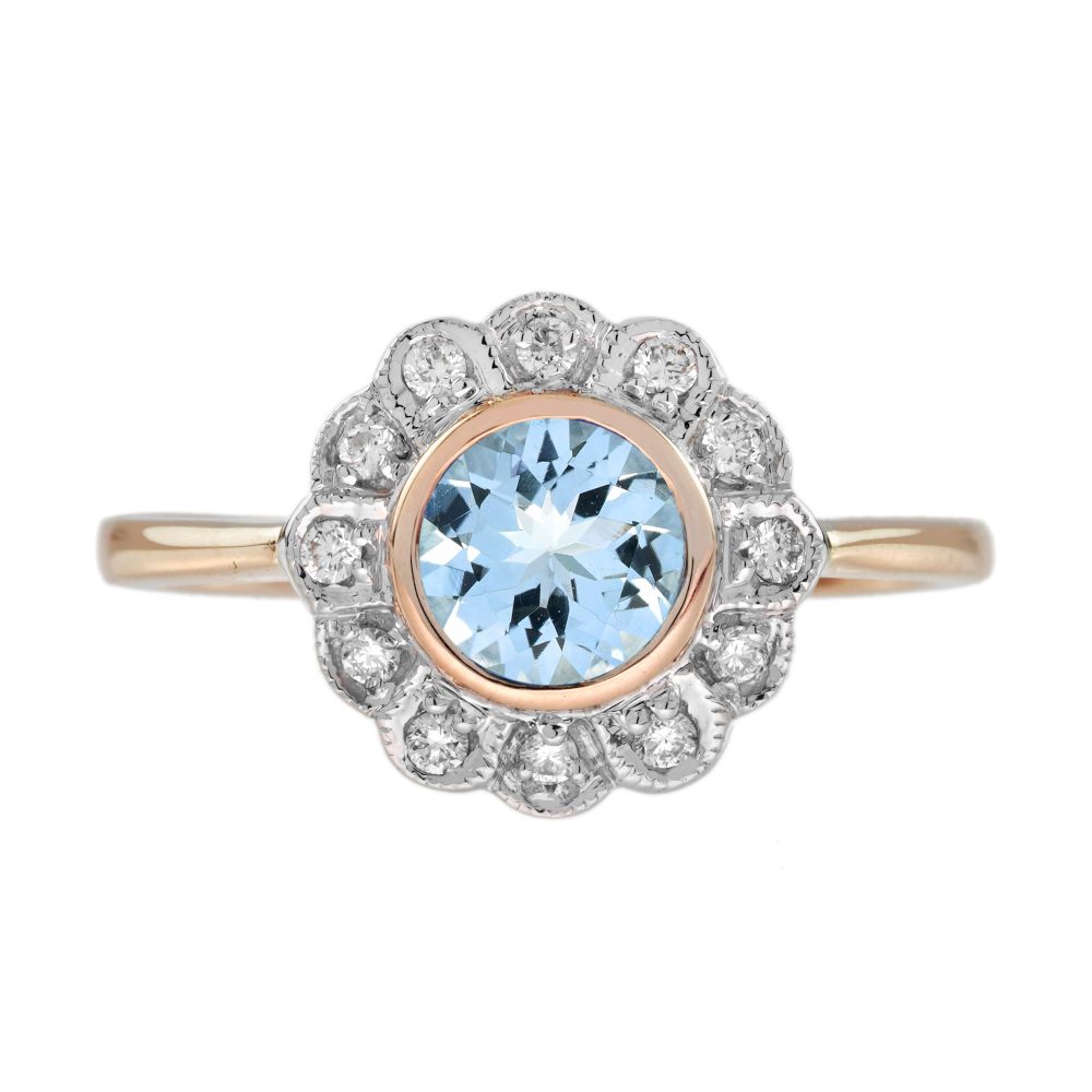 Aquamarine and Diamond Vintage Style Floral Halo Ring