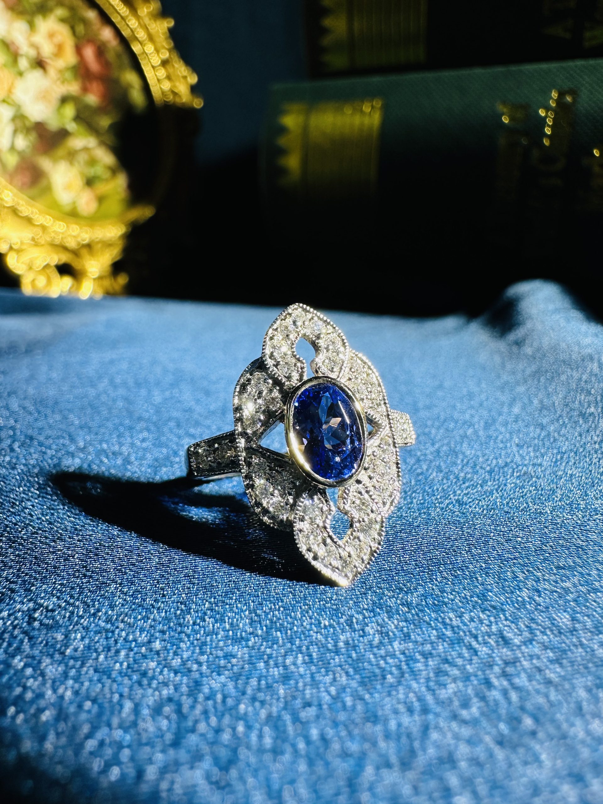 R0738 TZ-D2 L2312B 01 Tanzanite and Diamond Art Deco Style Engagement Ring