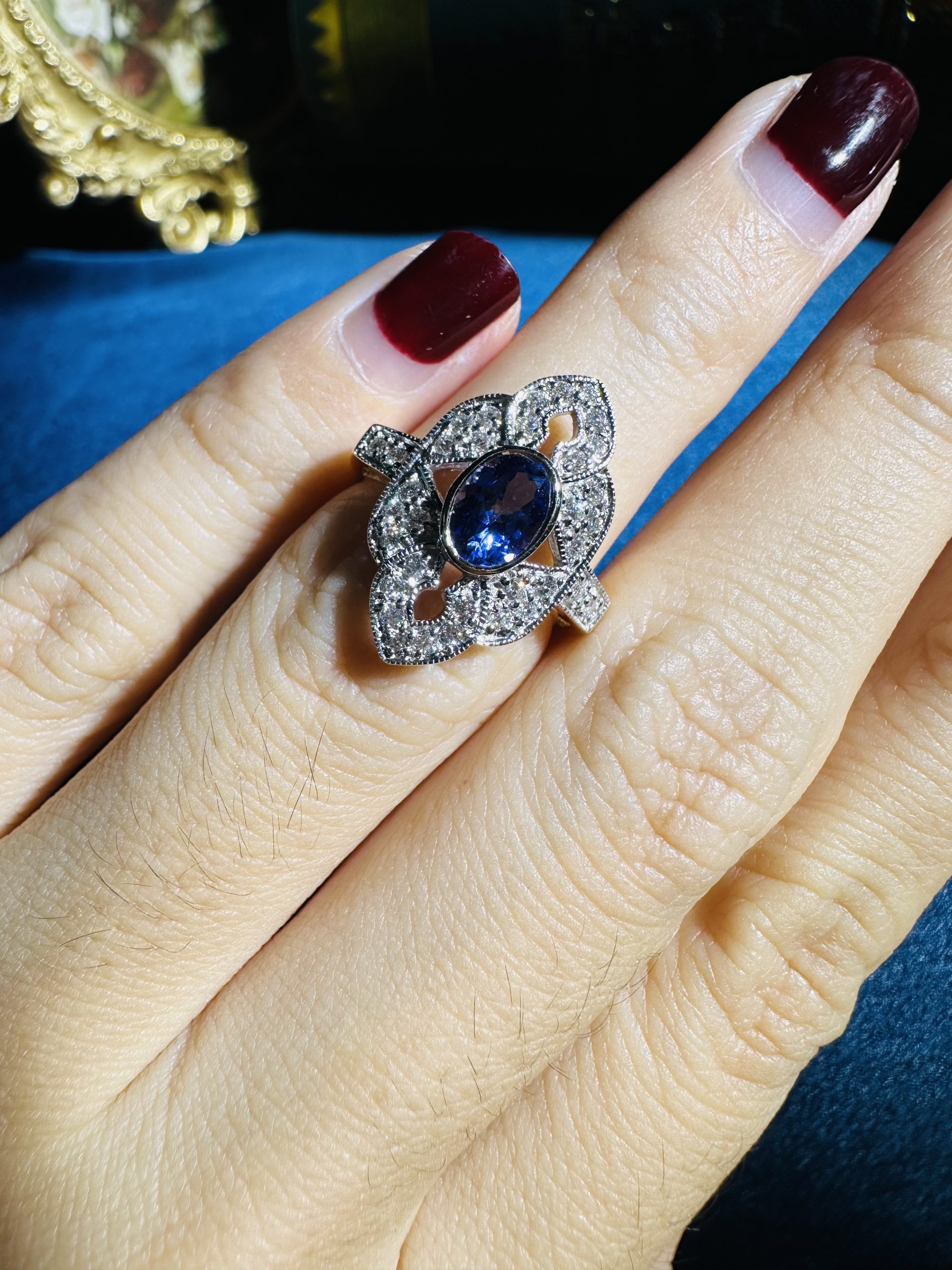 R0738 TZ-D2 L2312OB 01 Tanzanite and Diamond Art Deco Style Engagement Ring