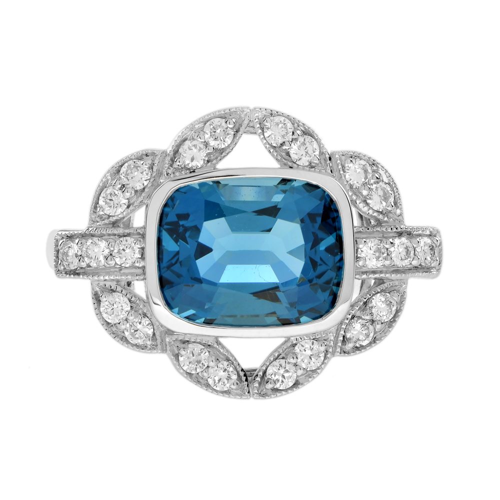 London Blue Topaz and Diamond Art Deco Style Engagement Ring