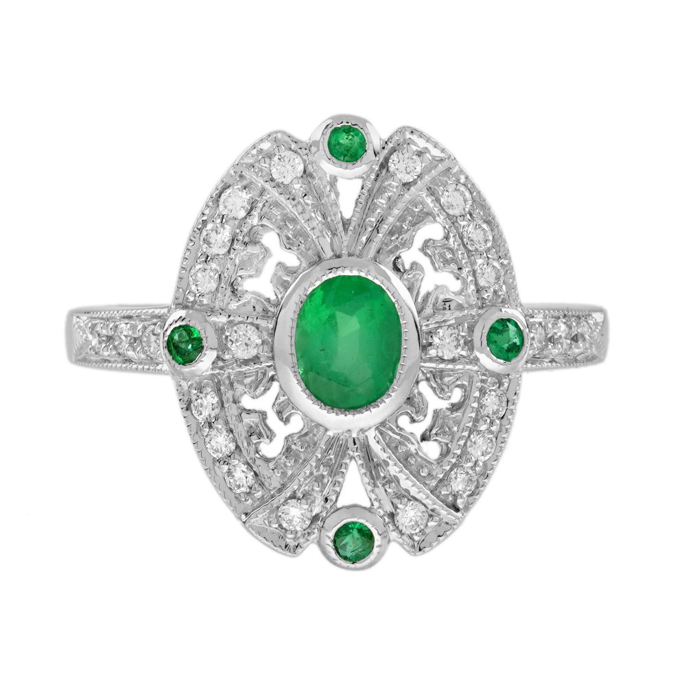 Emerald and Diamond Antique Style Halo Ring